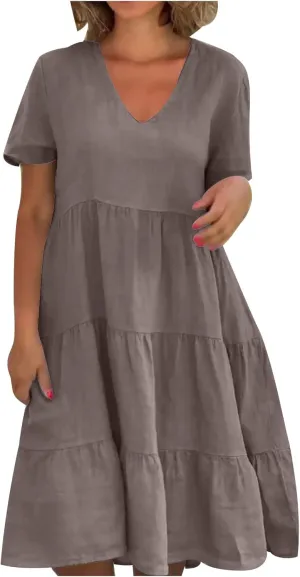 2024 Summer Dress for Women Plus Size Casual V Neck Short Sleeve Tiered Dress Swing Midi Dress A-Line Party Dresses