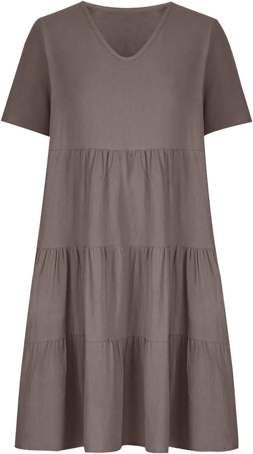 2024 Summer Dress for Women Plus Size Casual V Neck Short Sleeve Tiered Dress Swing Midi Dress A-Line Party Dresses