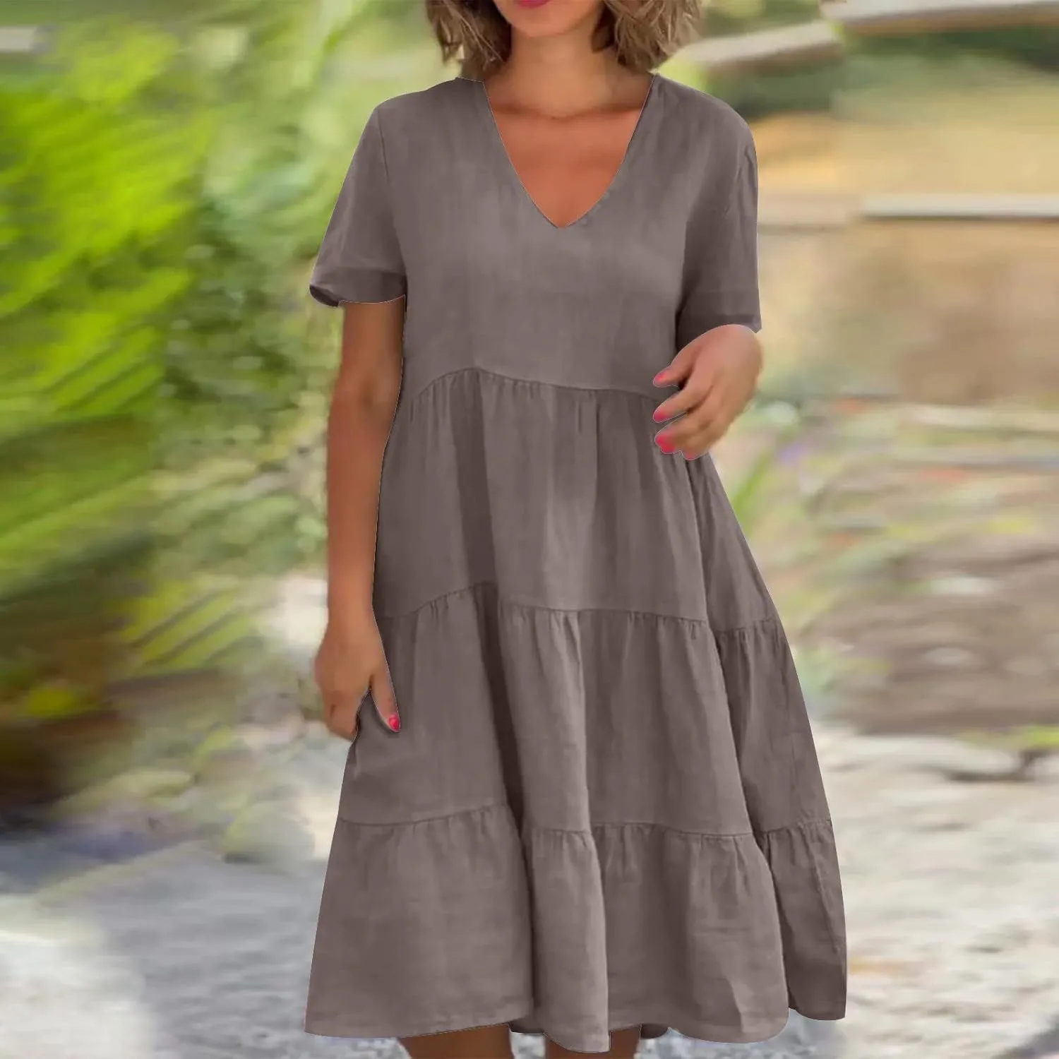 2024 Summer Dress for Women Plus Size Casual V Neck Short Sleeve Tiered Dress Swing Midi Dress A-Line Party Dresses