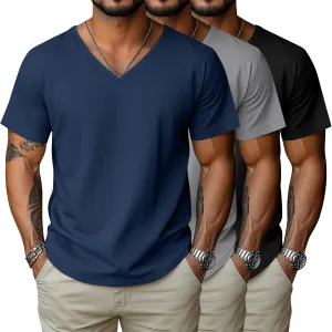 3 Pack Big and Tall Cotton Shirts for Men M-7XL Soft V Neck Shirt Plus Size Short Sleeve Tee Undershirt Casual Tops