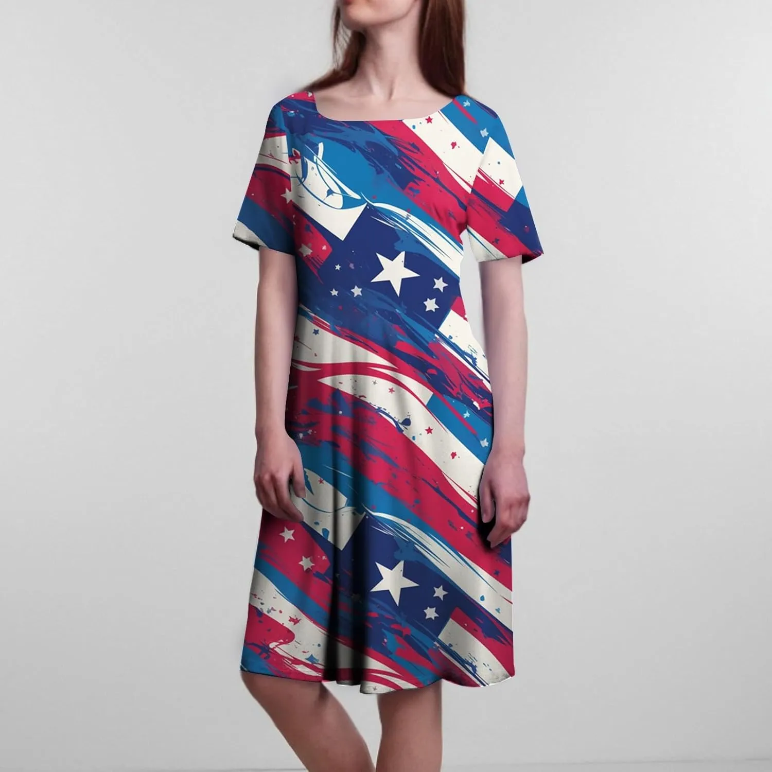 4th of July Dresses for Women Summer Casual Short Sleeve Crewneck A-Line Midi American Flag Independence Day Outfits