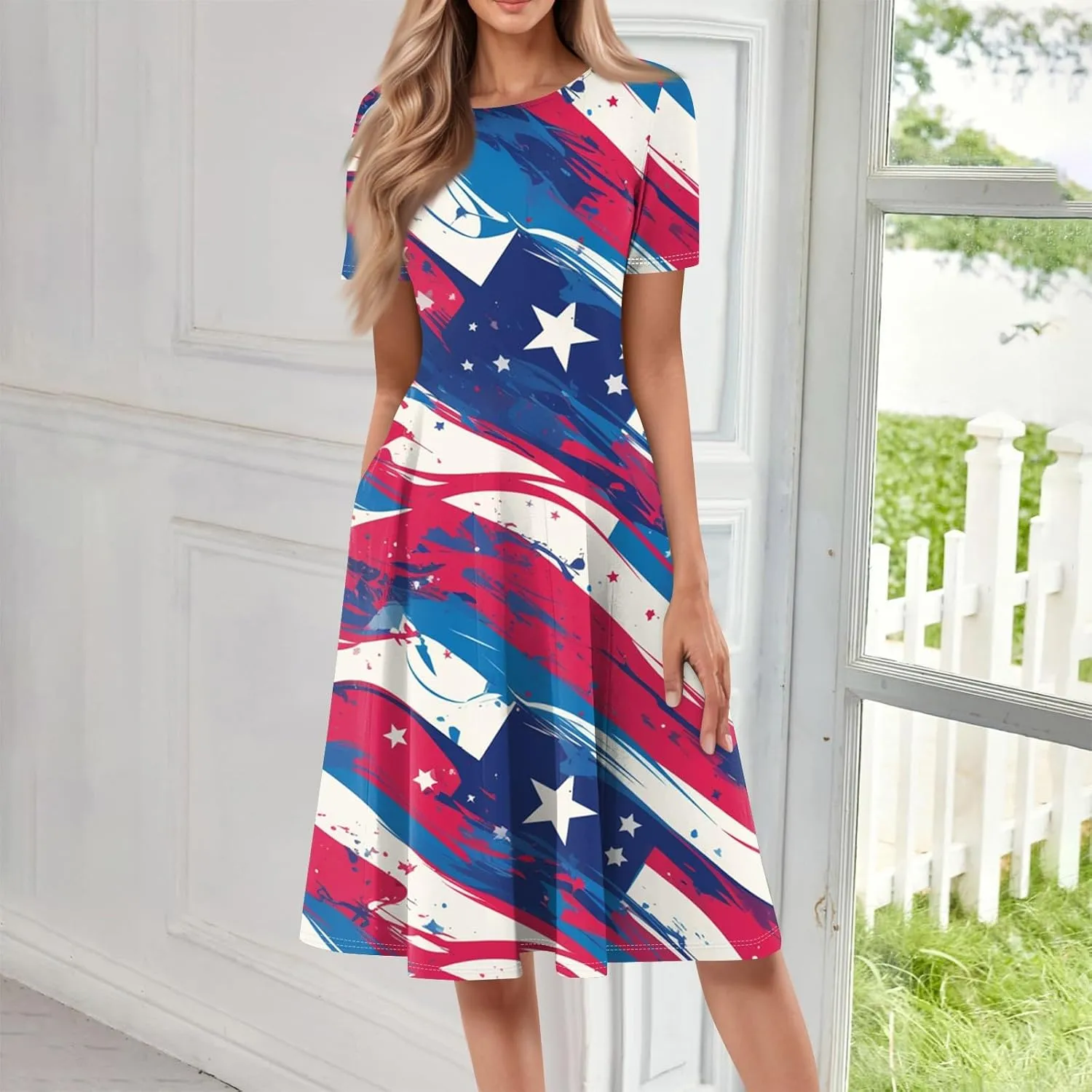 4th of July Dresses for Women Summer Casual Short Sleeve Crewneck A-Line Midi American Flag Independence Day Outfits