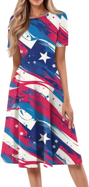 4th of July Dresses for Women Summer Casual Short Sleeve Crewneck A-Line Midi American Flag Independence Day Outfits