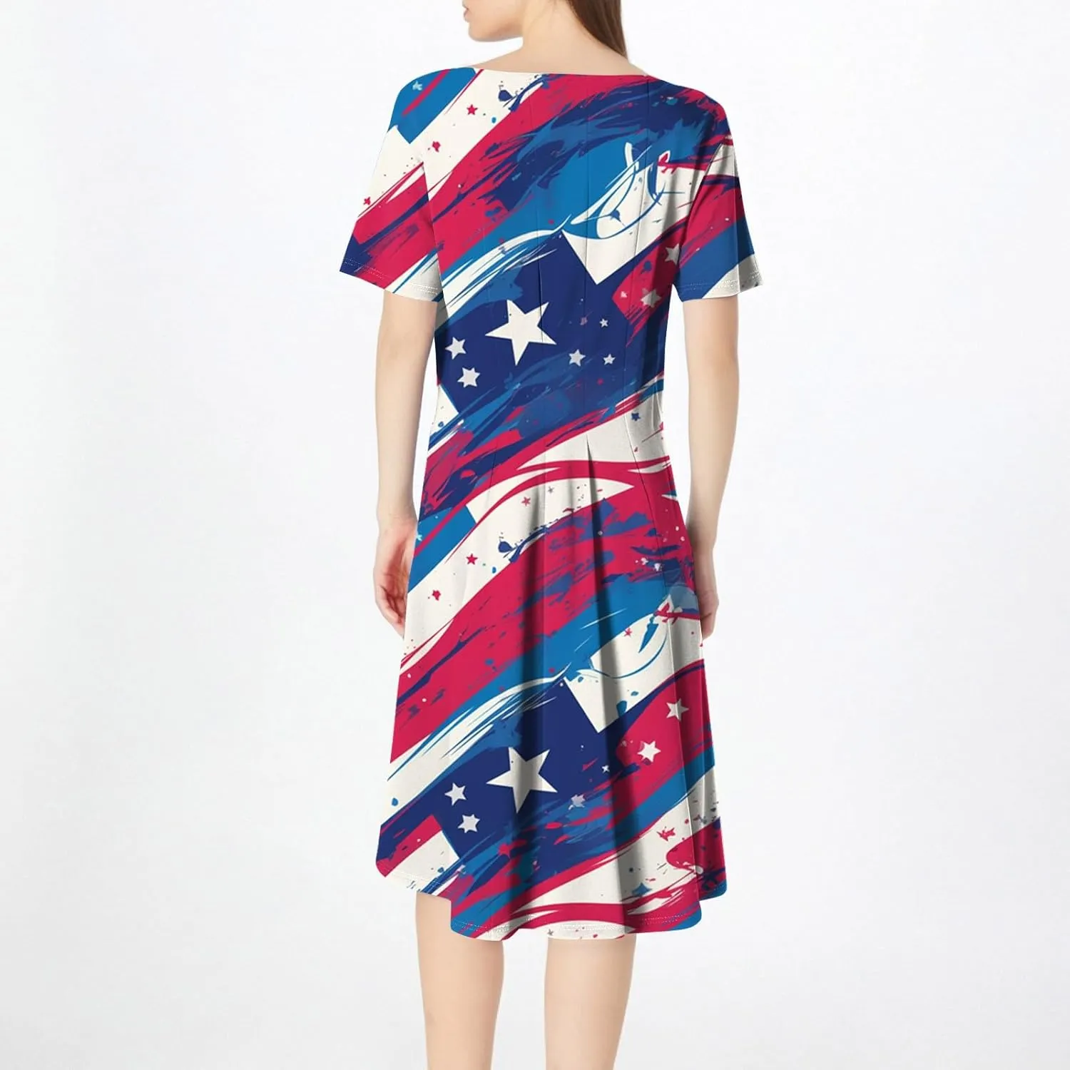 4th of July Dresses for Women Summer Casual Short Sleeve Crewneck A-Line Midi American Flag Independence Day Outfits