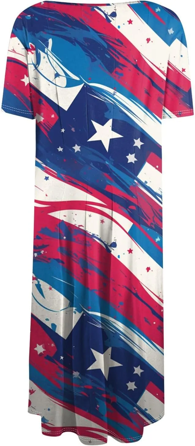 4th of July Dresses for Women Summer Casual Short Sleeve Crewneck A-Line Midi American Flag Independence Day Outfits