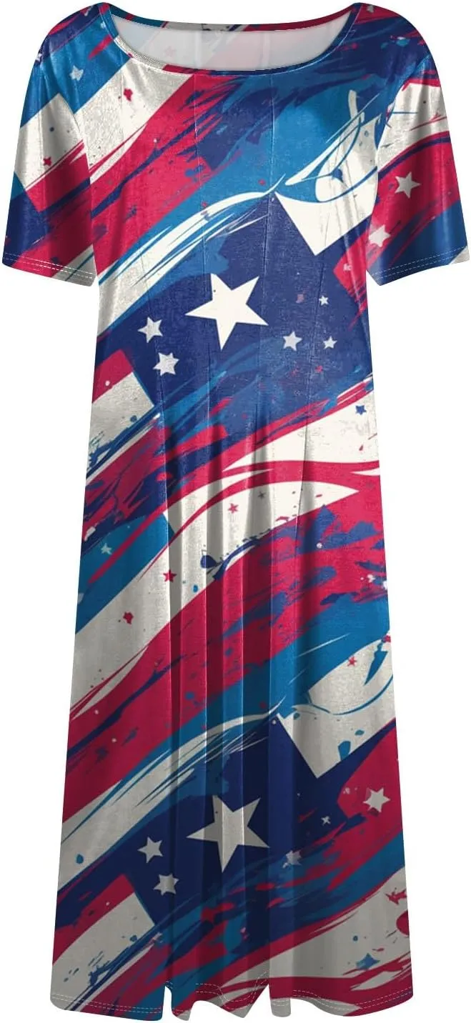 4th of July Dresses for Women Summer Casual Short Sleeve Crewneck A-Line Midi American Flag Independence Day Outfits
