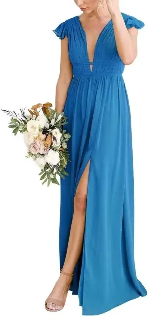 A line Deep V Neck Chiffon Long Bridesmaid Dress for Women, Flutter Sleeves Formal Evening Party Gown with Slit