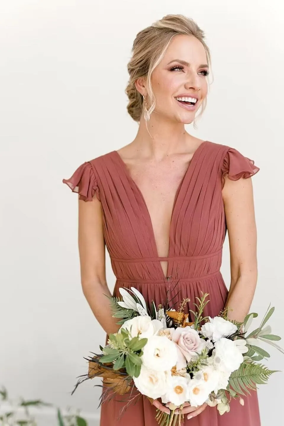A line Deep V Neck Chiffon Long Bridesmaid Dress for Women, Flutter Sleeves Formal Evening Party Gown with Slit