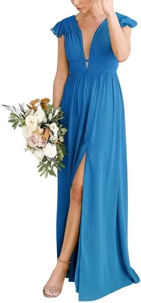 A line Deep V Neck Chiffon Long Bridesmaid Dress for Women, Flutter Sleeves Formal Evening Party Gown with Slit