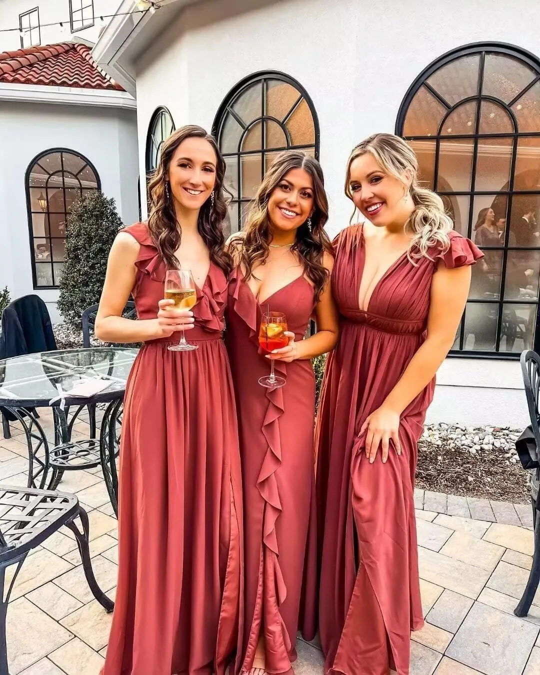 A line Deep V Neck Chiffon Long Bridesmaid Dress for Women, Flutter Sleeves Formal Evening Party Gown with Slit