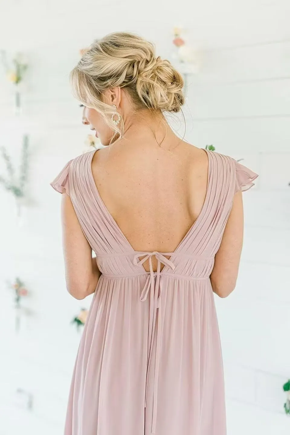 A line Deep V Neck Chiffon Long Bridesmaid Dress for Women, Flutter Sleeves Formal Evening Party Gown with Slit