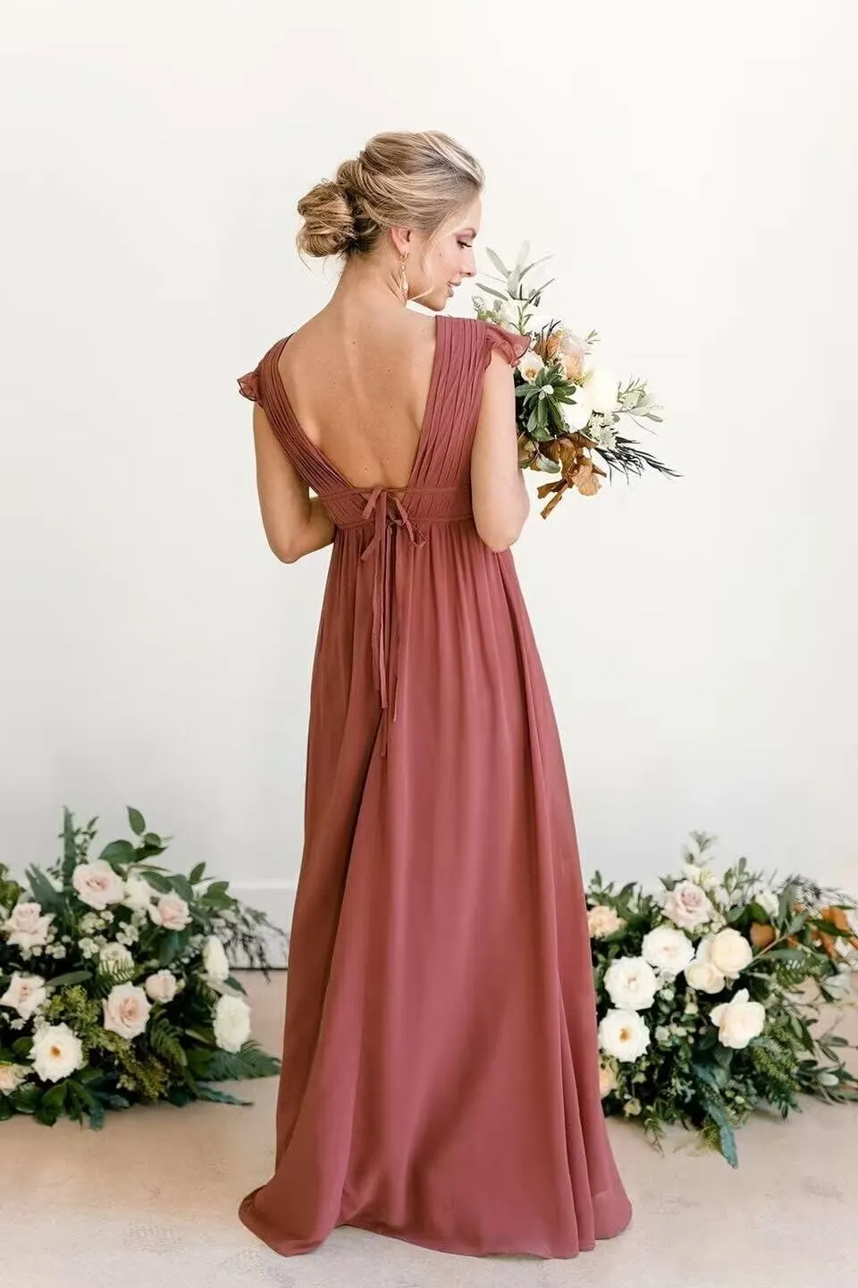 A line Deep V Neck Chiffon Long Bridesmaid Dress for Women, Flutter Sleeves Formal Evening Party Gown with Slit