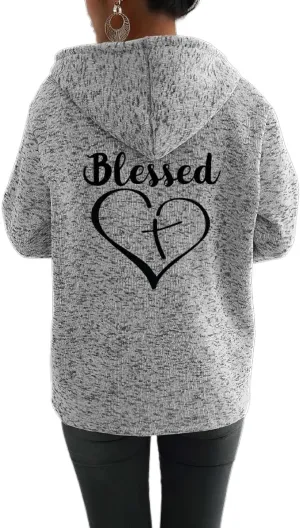 Akivide Womens Blessed Jesus Cross Zip Up Hoodie Oversized Long Sleeve Drawstring Sweater Jacket Christian Hoodies