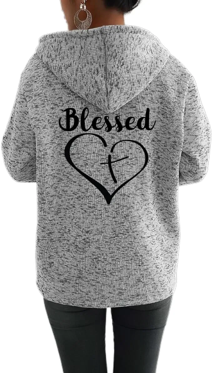 Akivide Womens Blessed Jesus Cross Zip Up Hoodie Oversized Long Sleeve Drawstring Sweater Jacket Christian Hoodies