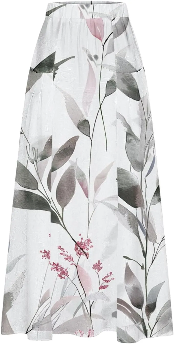 Akklian Flowy Skirts for Women Fashion Boho Floral Print Midi Skirt Flare Pleated Gradient A Line Summer Skirt with Pocket