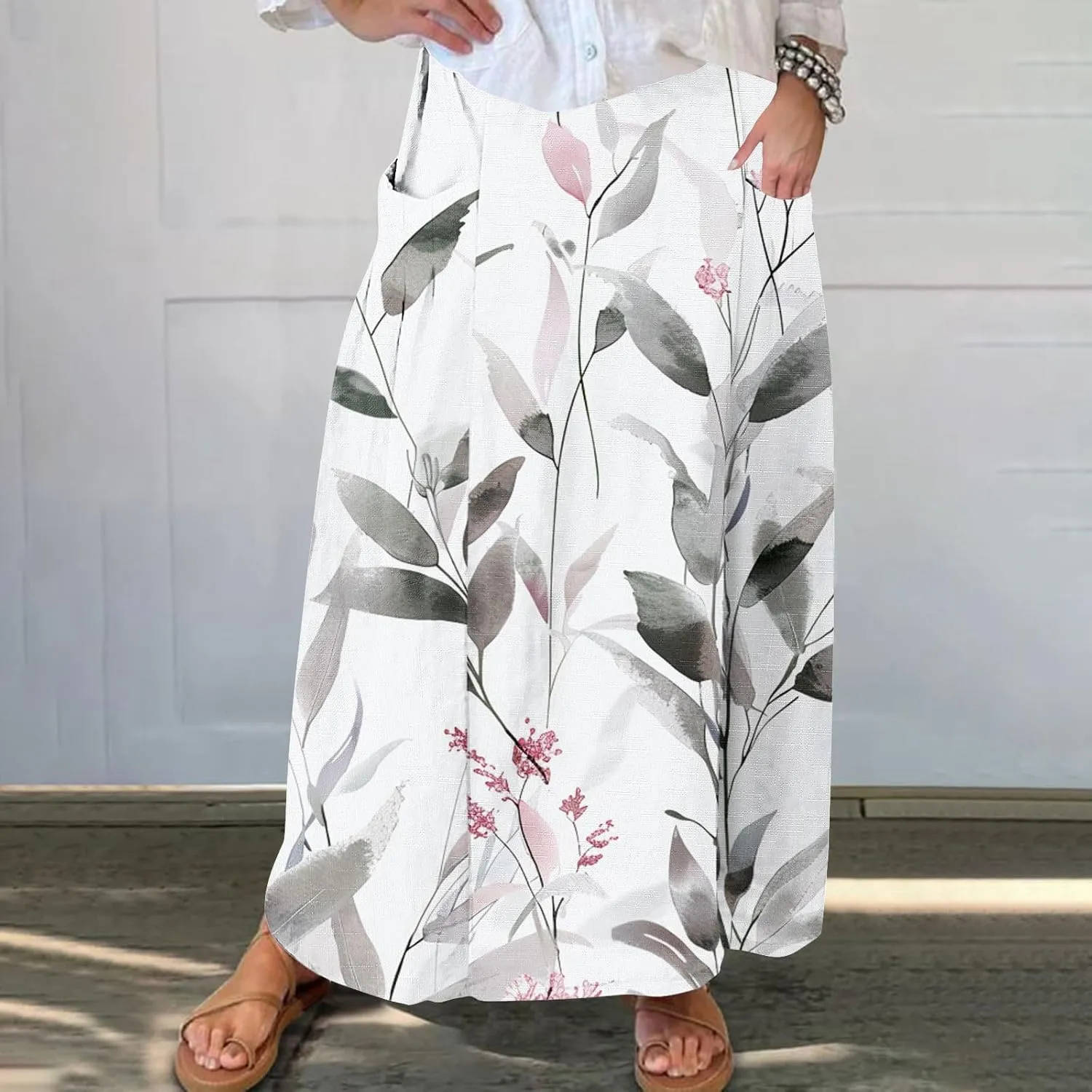 Akklian Flowy Skirts for Women Fashion Boho Floral Print Midi Skirt Flare Pleated Gradient A Line Summer Skirt with Pocket
