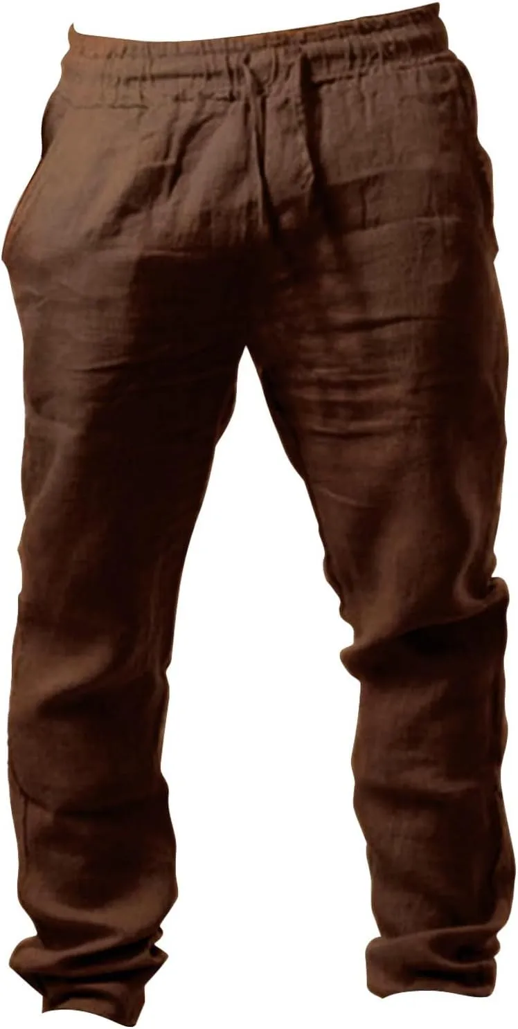 Alalaso Mens Long Pants Drawstring Stretch Trendy Cotton Linen Casual Summer Wicking Breathable Solid Color Trousers