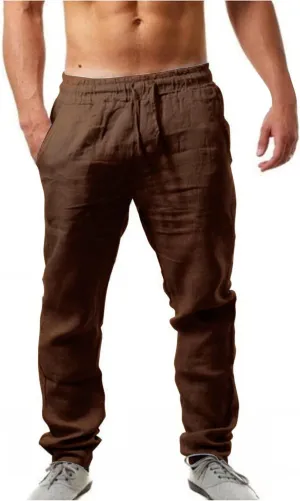 Alalaso Mens Long Pants Drawstring Stretch Trendy Cotton Linen Casual Summer Wicking Breathable Solid Color Trousers