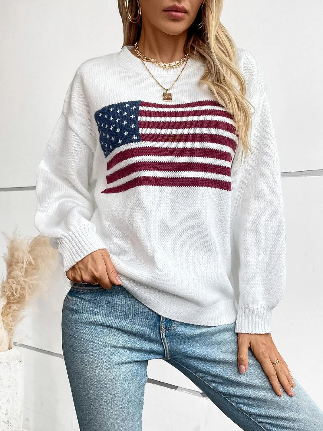 American Flag Sweater for Women Print Sweater Fall Winter Knit Sweatshirt O Neck Pullover Long Sleeves Loose Women Tops