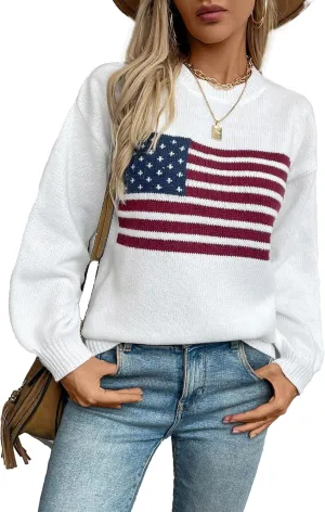 American Flag Sweater for Women Print Sweater Fall Winter Knit Sweatshirt O Neck Pullover Long Sleeves Loose Women Tops
