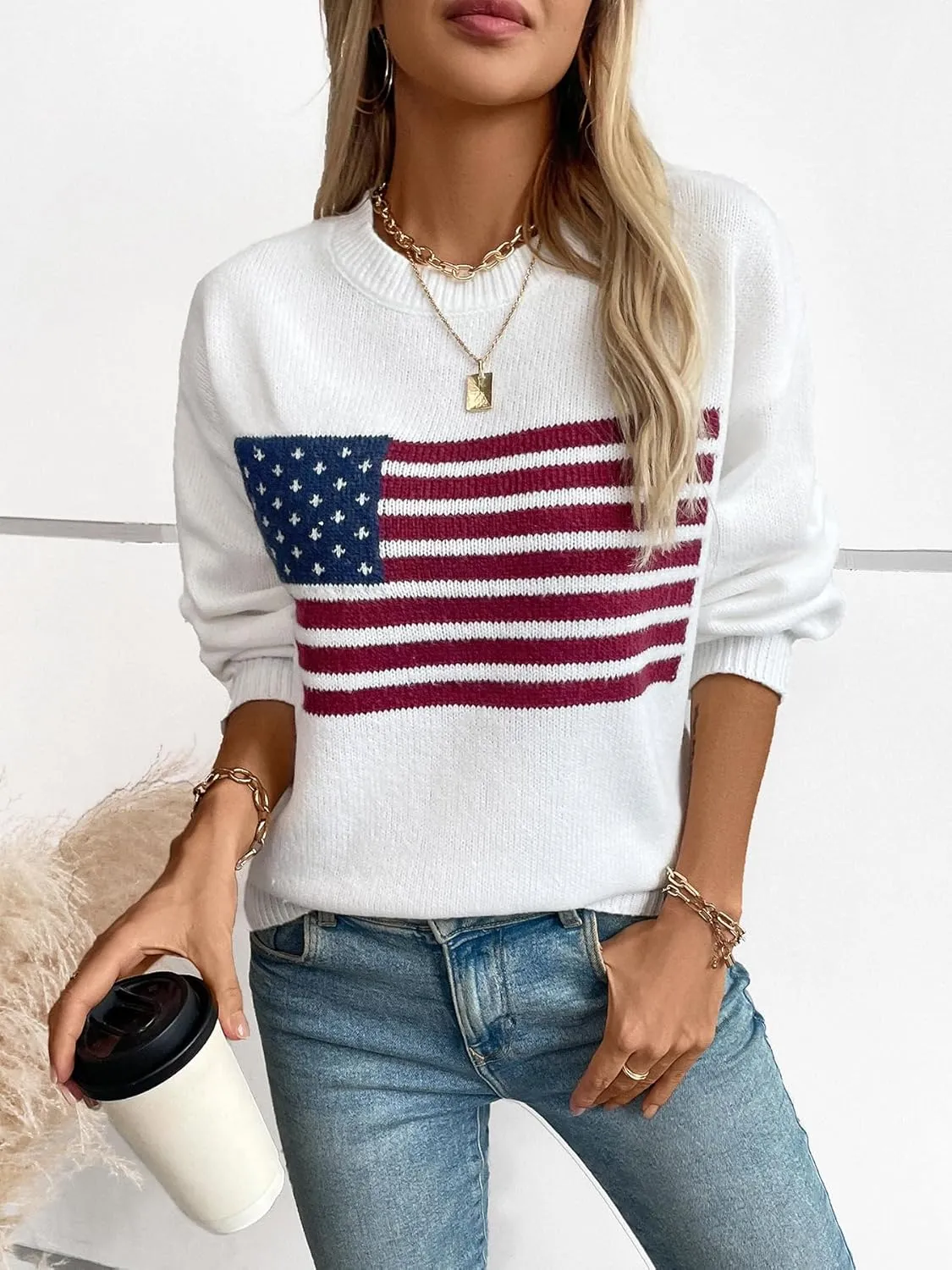 American Flag Sweater for Women Print Sweater Fall Winter Knit Sweatshirt O Neck Pullover Long Sleeves Loose Women Tops