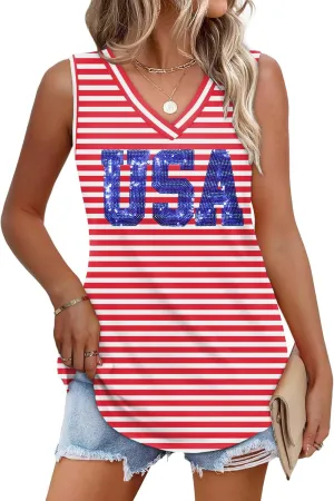 American Flag Tank Tops Women V Neck Patriotic Star Striped Shirt 4th of July Sequin Vest USA Girls Tee