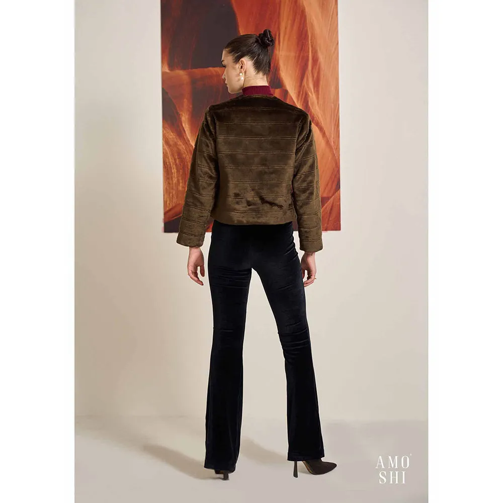 AMOSHI Brown Solid/Plain Faux Mink Fur Jacket