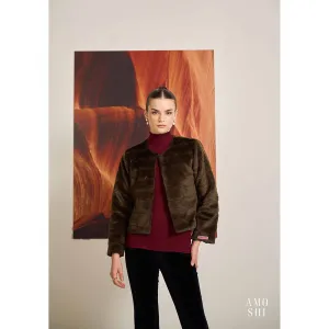 AMOSHI Brown Solid/Plain Faux Mink Fur Jacket