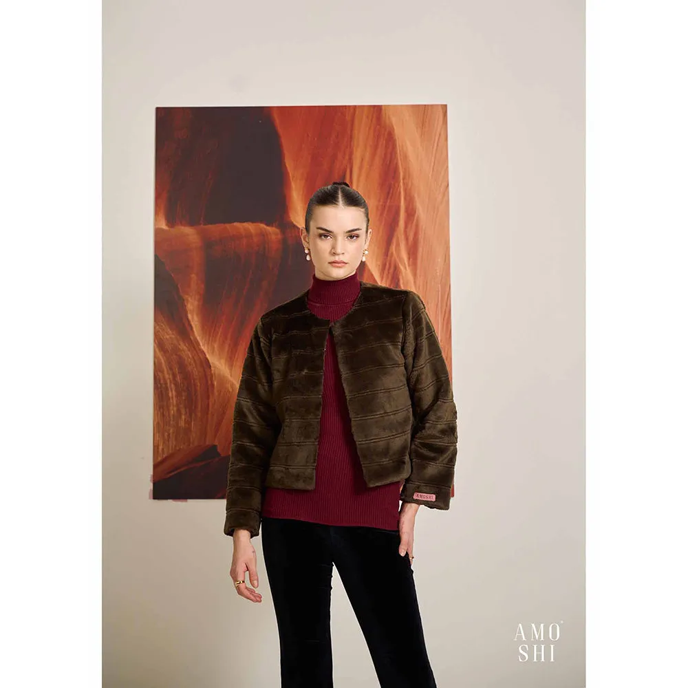 AMOSHI Brown Solid/Plain Faux Mink Fur Jacket