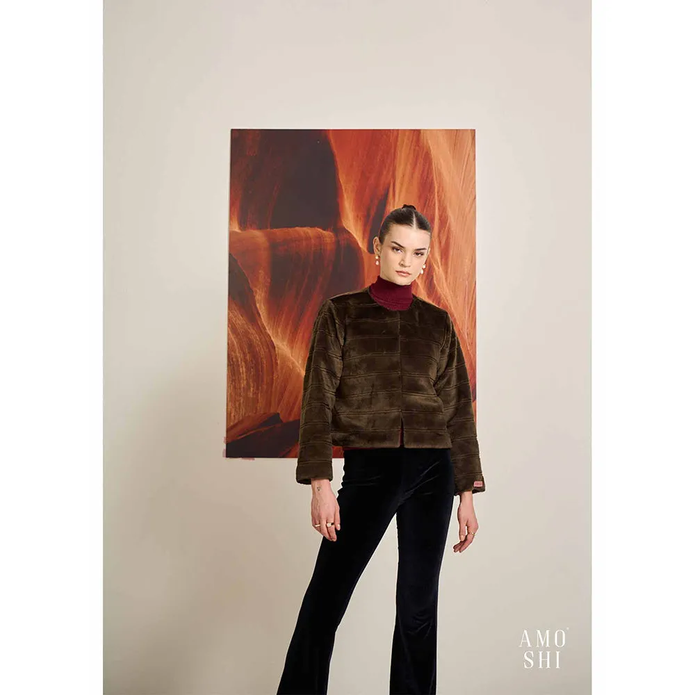 AMOSHI Brown Solid/Plain Faux Mink Fur Jacket