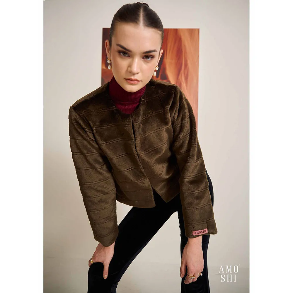AMOSHI Brown Solid/Plain Faux Mink Fur Jacket