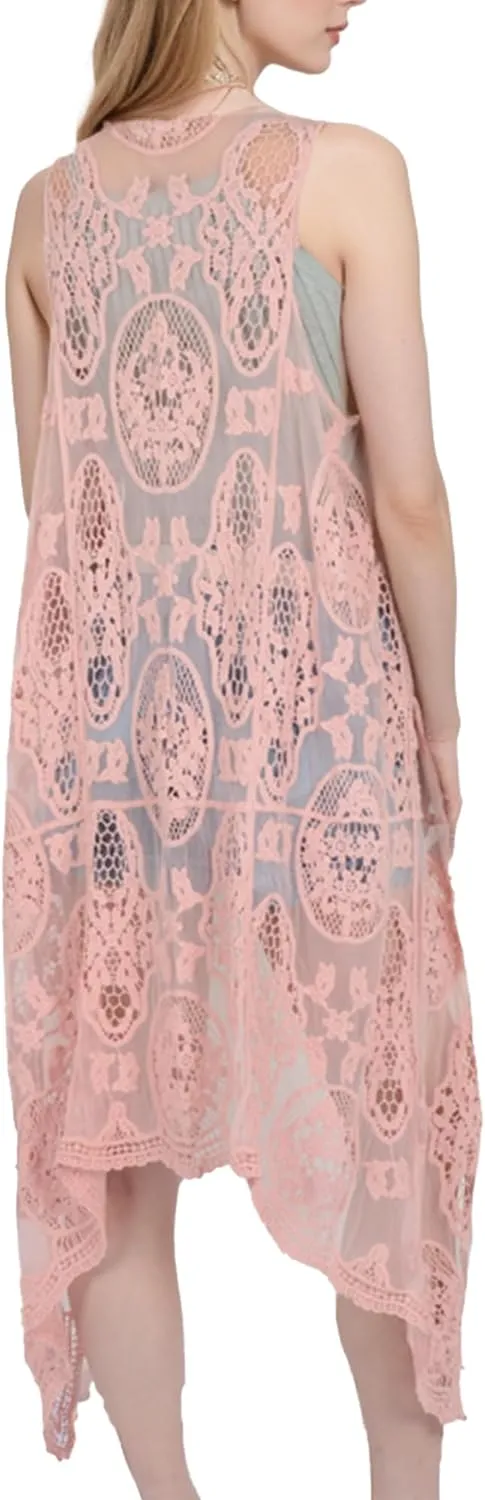Anna-Kaci Vintage Floral Bohemian Sleeveless Mesh Lace Crochet Embroidery Beach Top Cardigan Vest,