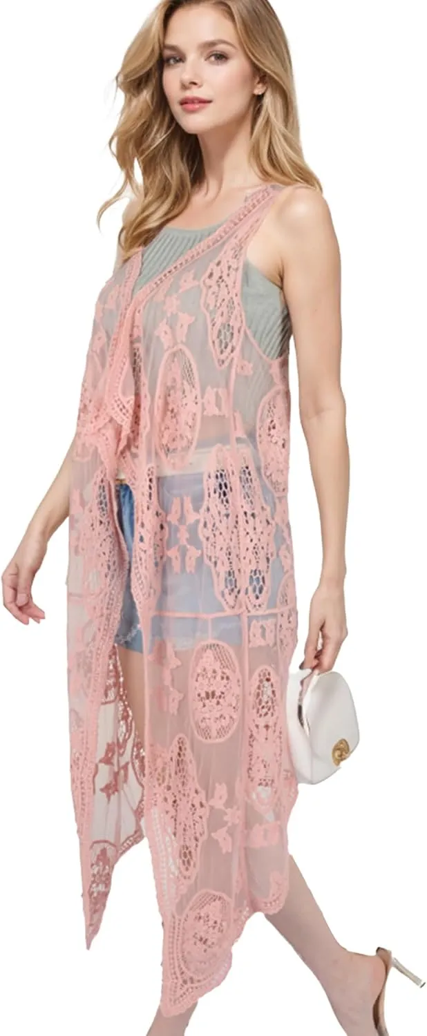 Anna-Kaci Vintage Floral Bohemian Sleeveless Mesh Lace Crochet Embroidery Beach Top Cardigan Vest,