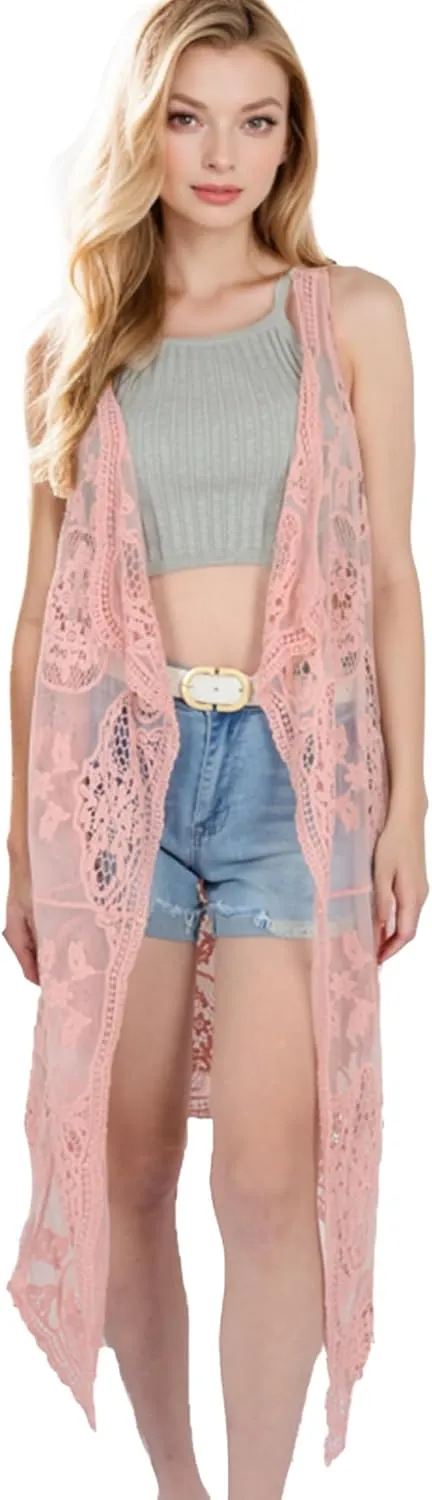 Anna-Kaci Vintage Floral Bohemian Sleeveless Mesh Lace Crochet Embroidery Beach Top Cardigan Vest,