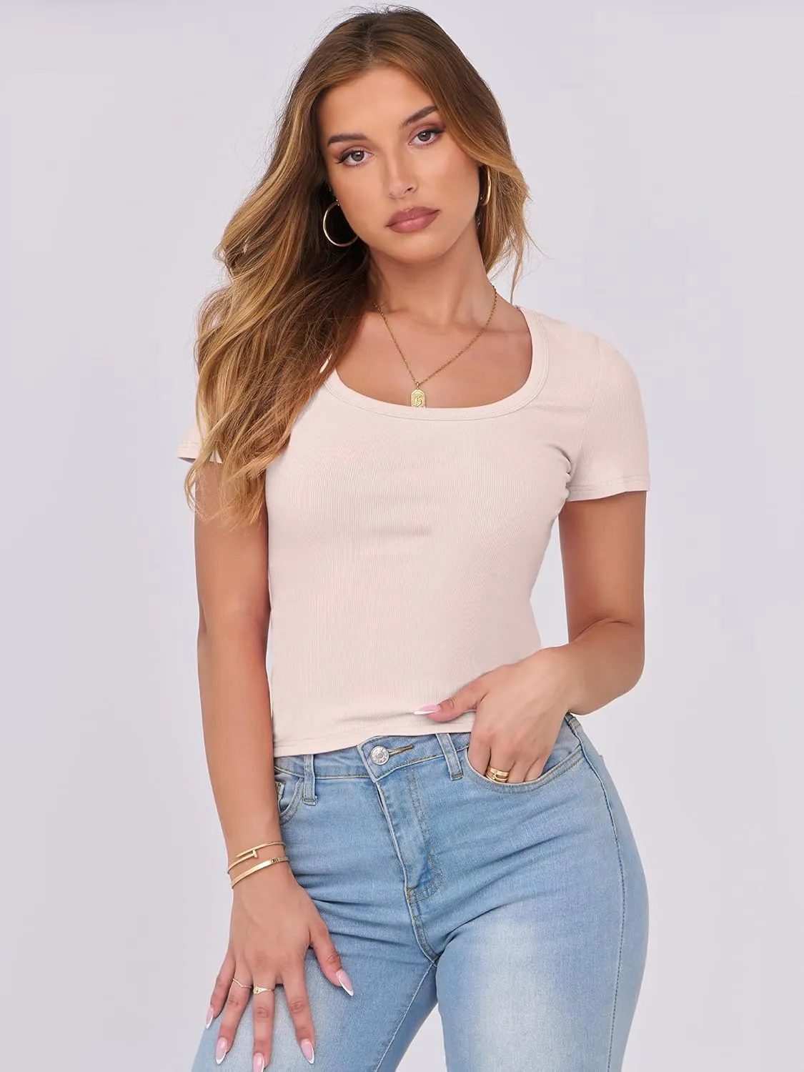 ANRABESS Women Short Sleeve Tops Scoop Neck Ribbed Knit Slim Fitted Basic Tee Shirts 2025 Casual Summer Trendy Clothes
