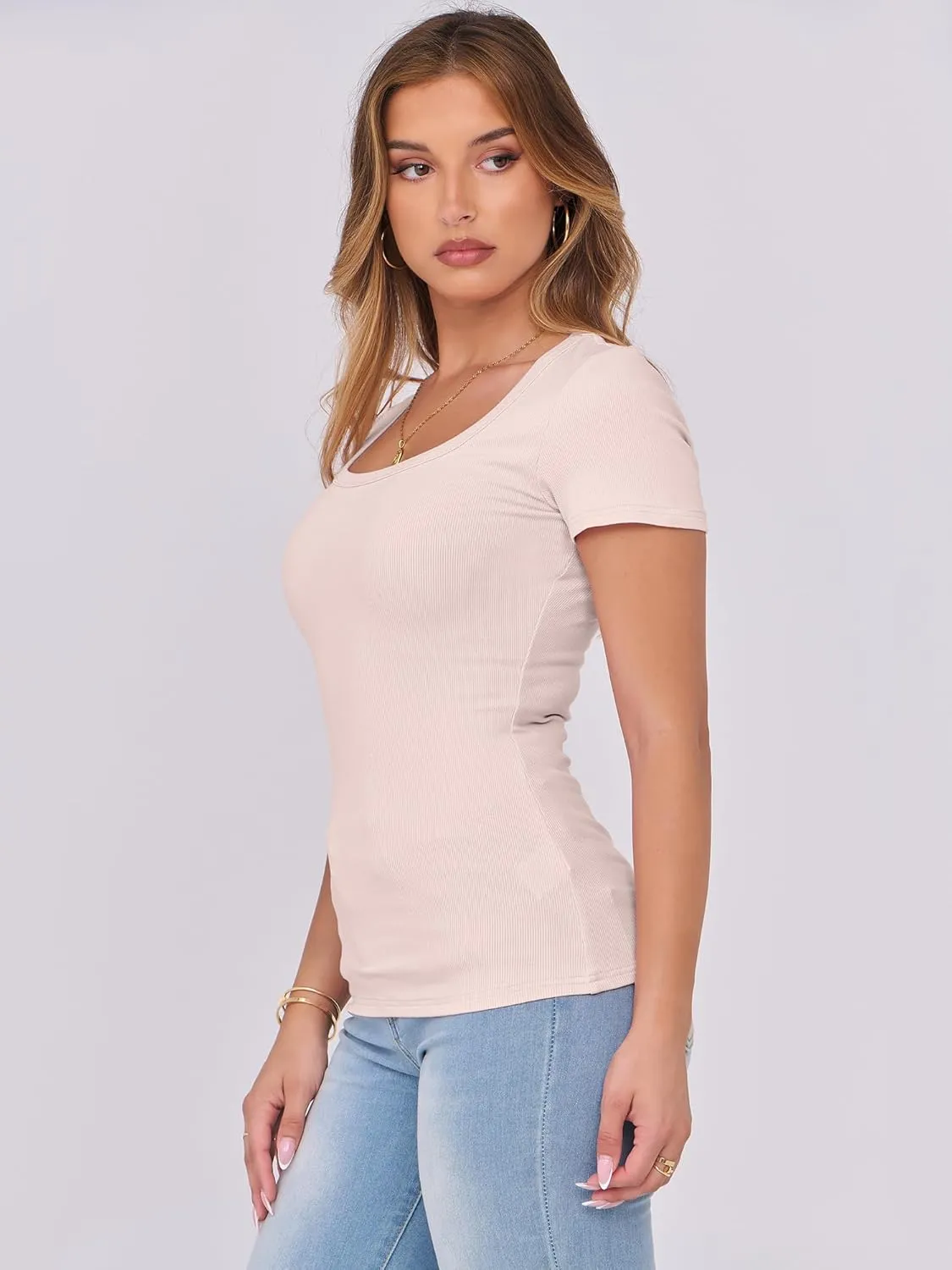 ANRABESS Women Short Sleeve Tops Scoop Neck Ribbed Knit Slim Fitted Basic Tee Shirts 2025 Casual Summer Trendy Clothes