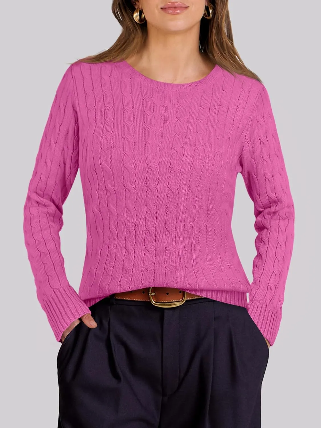 ANRABESS Womens Long Sleeve Cable Knit Sweater Jumper Crewneck Pullover Soft Dressy Casual Tops Cute 2024 Fall Trendy Outfits