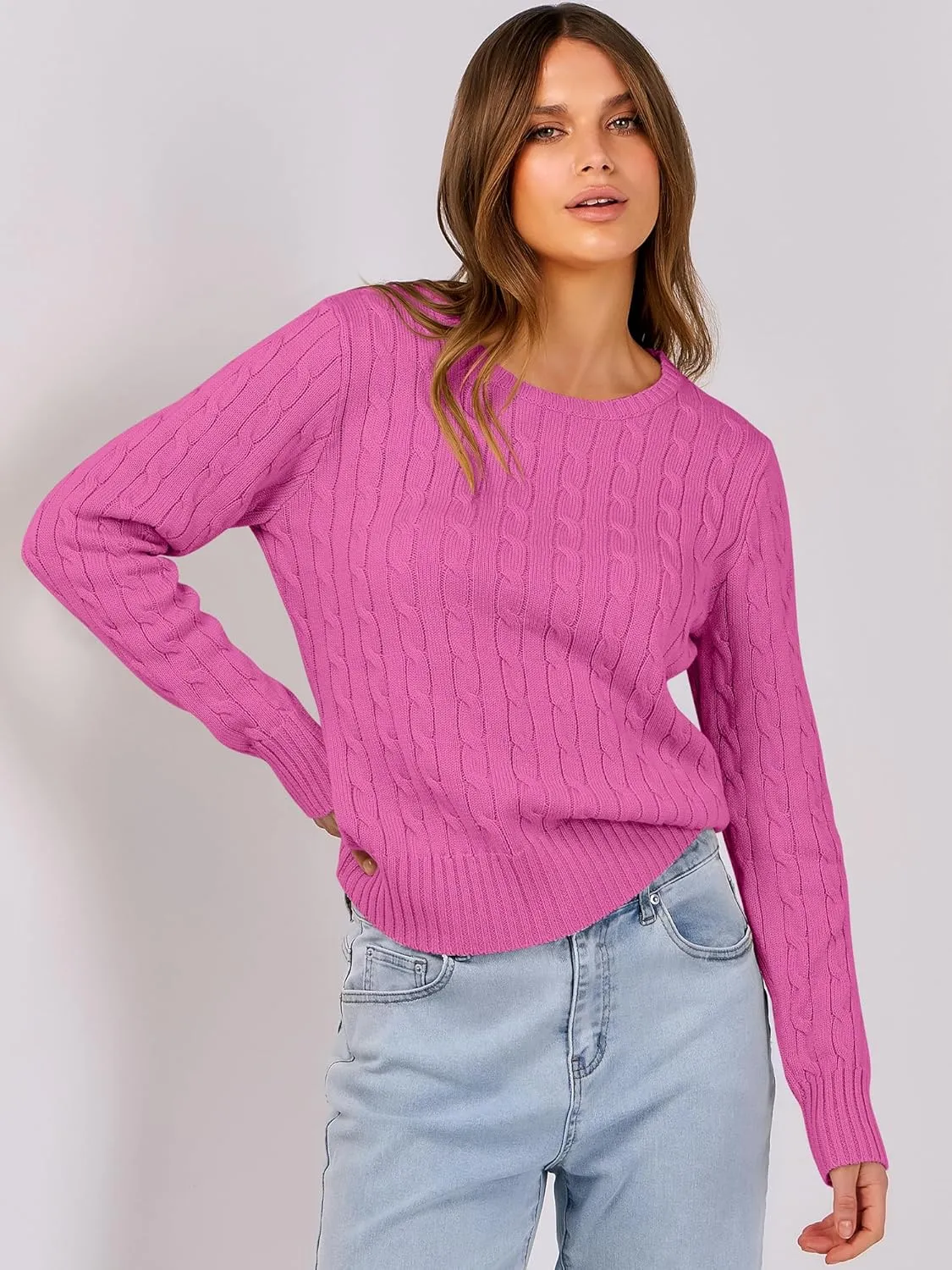 ANRABESS Womens Long Sleeve Cable Knit Sweater Jumper Crewneck Pullover Soft Dressy Casual Tops Cute 2024 Fall Trendy Outfits