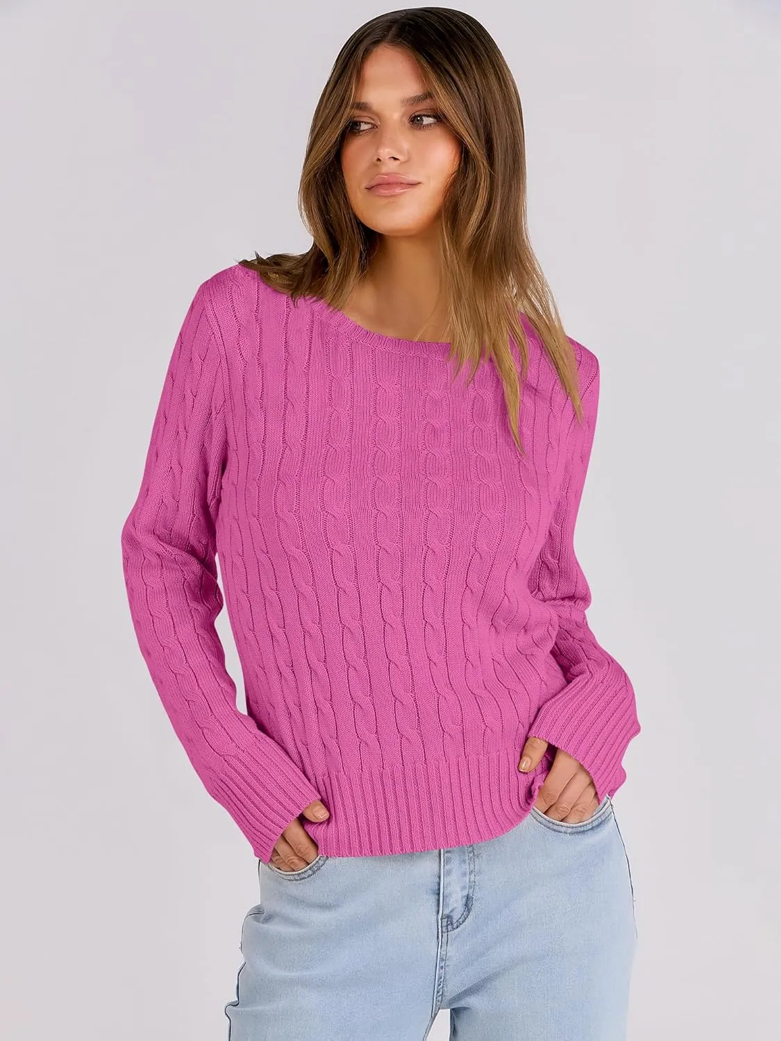 ANRABESS Womens Long Sleeve Cable Knit Sweater Jumper Crewneck Pullover Soft Dressy Casual Tops Cute 2024 Fall Trendy Outfits