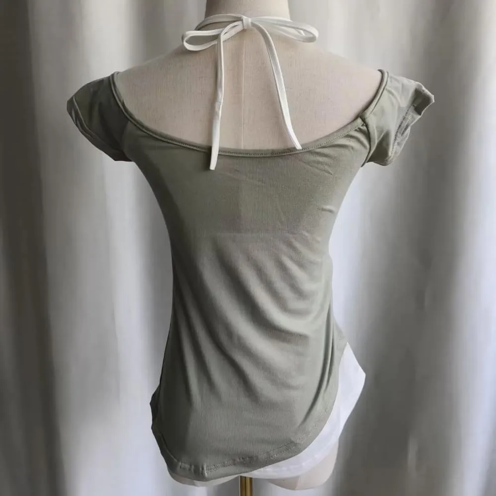 Baby Tee Y2k Women Grunge Top Emo 2000s Vintage Fake Two Piece Short Sleeve T Shirt Crop Tops Teens