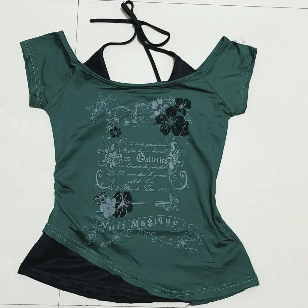 Baby Tee Y2k Women Grunge Top Emo 2000s Vintage Fake Two Piece Short Sleeve T Shirt Crop Tops Teens