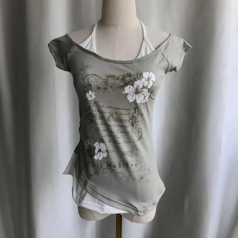 Baby Tee Y2k Women Grunge Top Emo 2000s Vintage Fake Two Piece Short Sleeve T Shirt Crop Tops Teens