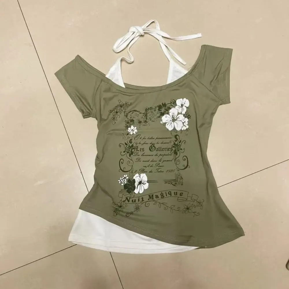 Baby Tee Y2k Women Grunge Top Emo 2000s Vintage Fake Two Piece Short Sleeve T Shirt Crop Tops Teens