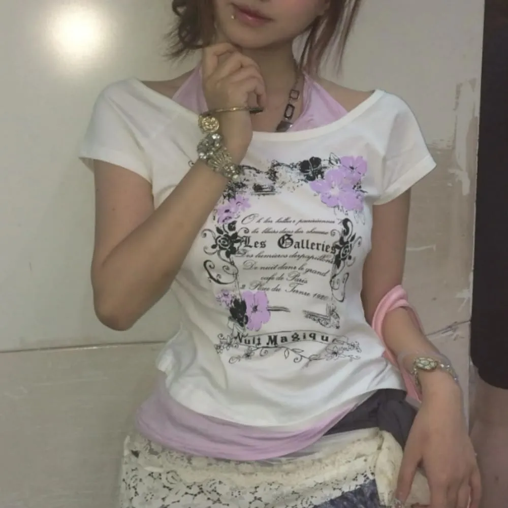 Baby Tee Y2k Women Grunge Top Emo 2000s Vintage Fake Two Piece Short Sleeve T Shirt Crop Tops Teens