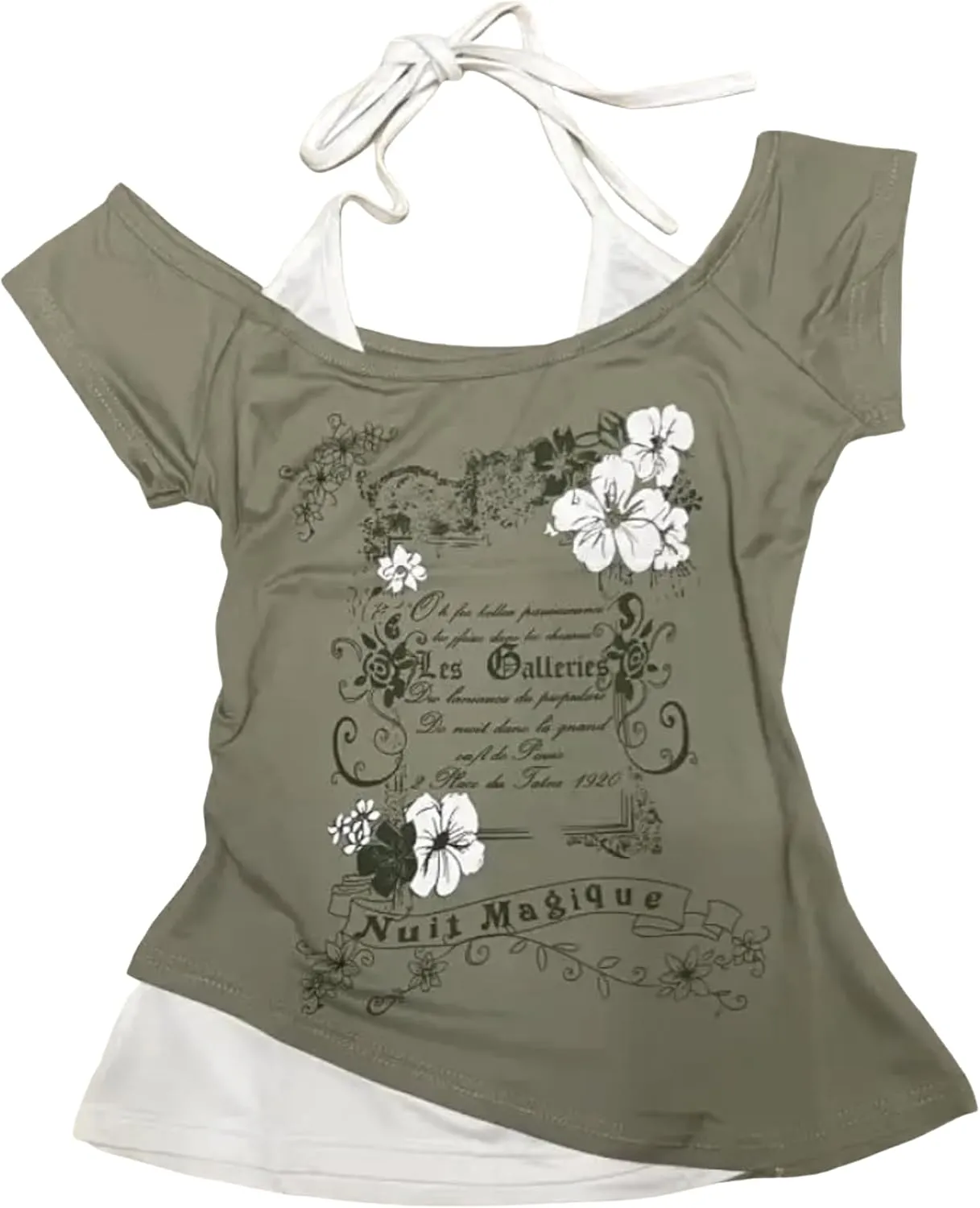 Baby Tee Y2k Women Grunge Top Emo 2000s Vintage Fake Two Piece Short Sleeve T Shirt Crop Tops Teens