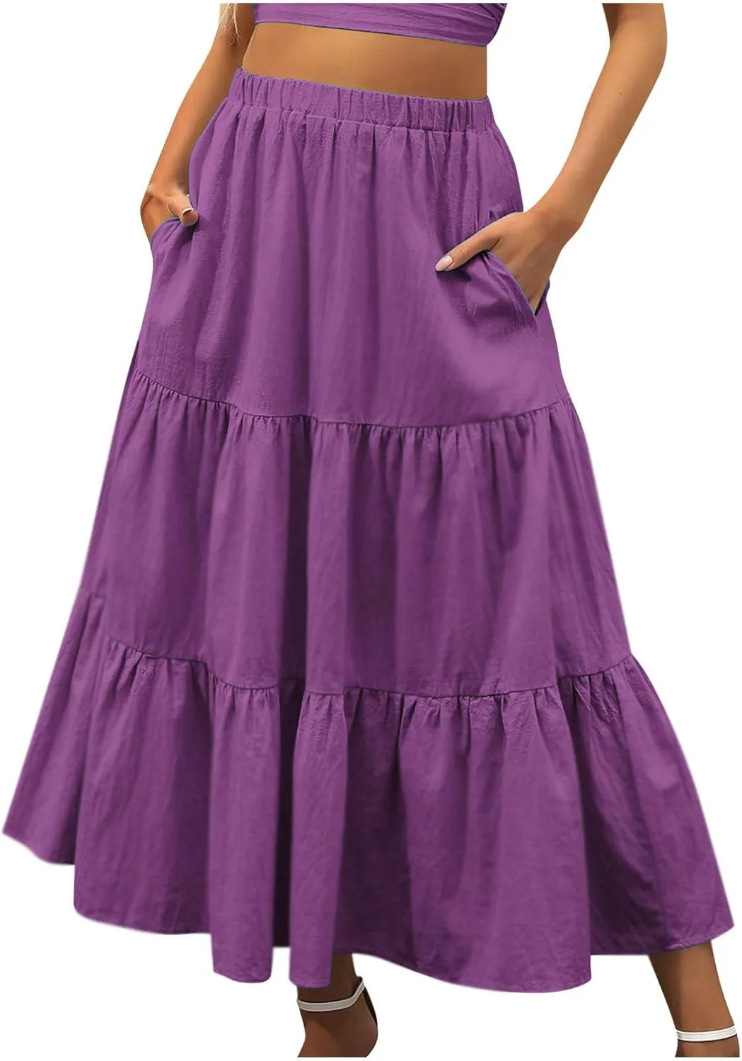 Binmer Women 2024 Bohemian Long Skirts Tiered Ruffle Hem Flowy High Waist A Line Maxi Skirts Summer Pleated Skirt with Pocket