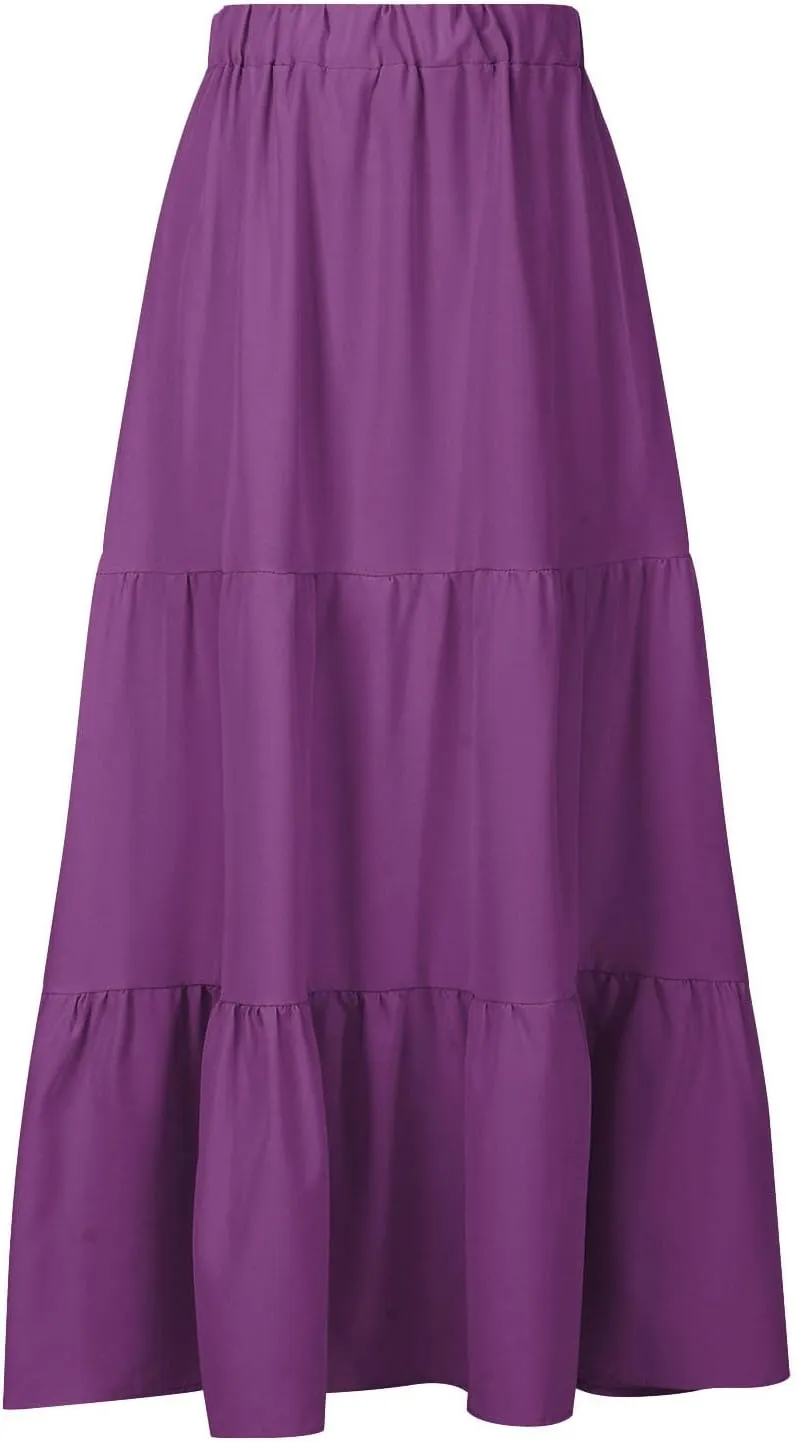 Binmer Women 2024 Bohemian Long Skirts Tiered Ruffle Hem Flowy High Waist A Line Maxi Skirts Summer Pleated Skirt with Pocket