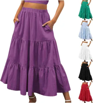 Binmer Women 2024 Bohemian Long Skirts Tiered Ruffle Hem Flowy High Waist A Line Maxi Skirts Summer Pleated Skirt with Pocket