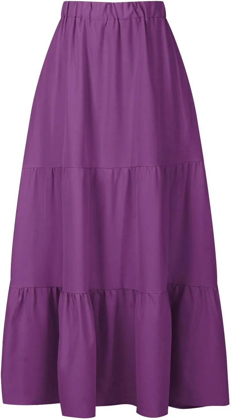 Binmer Women 2024 Bohemian Long Skirts Tiered Ruffle Hem Flowy High Waist A Line Maxi Skirts Summer Pleated Skirt with Pocket