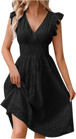 Binmer Women Summer Casual Sleeveless Dress Elastic Smocked Waist Wrap V Neck Sundress Hollow Out Eyelet Swing Beach Dresses